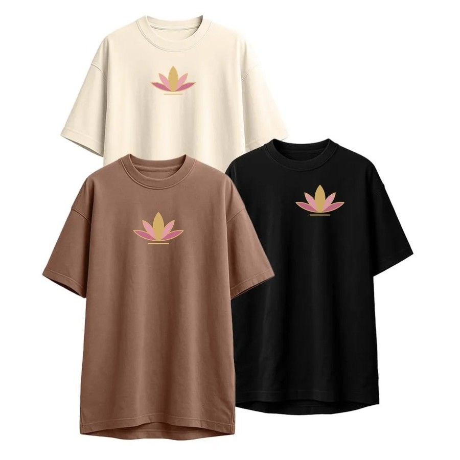 Ivory, mocha brown and black T-shirts printed with the approved lotus design